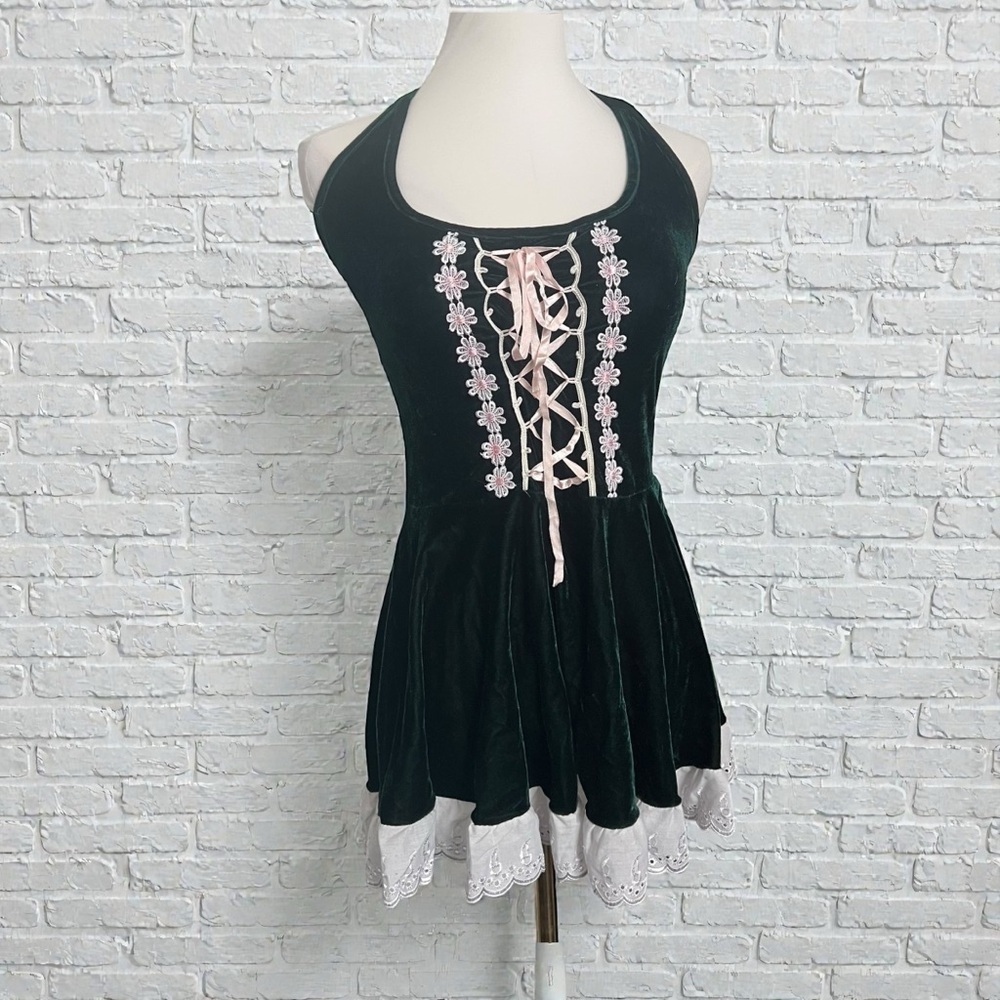 Green Velvet Coquette Fairy Lace-Up Dress ✧ Cottagecore Fairycore OS/SM